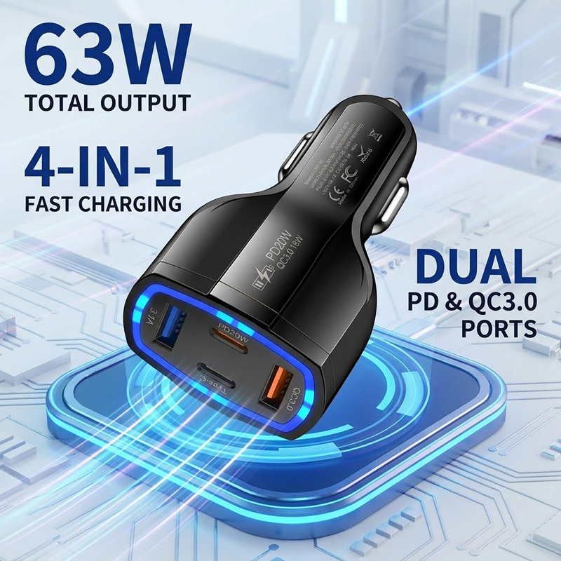 Type C Multiport Adapter - Caricabatterie da auto multiporta da 63W